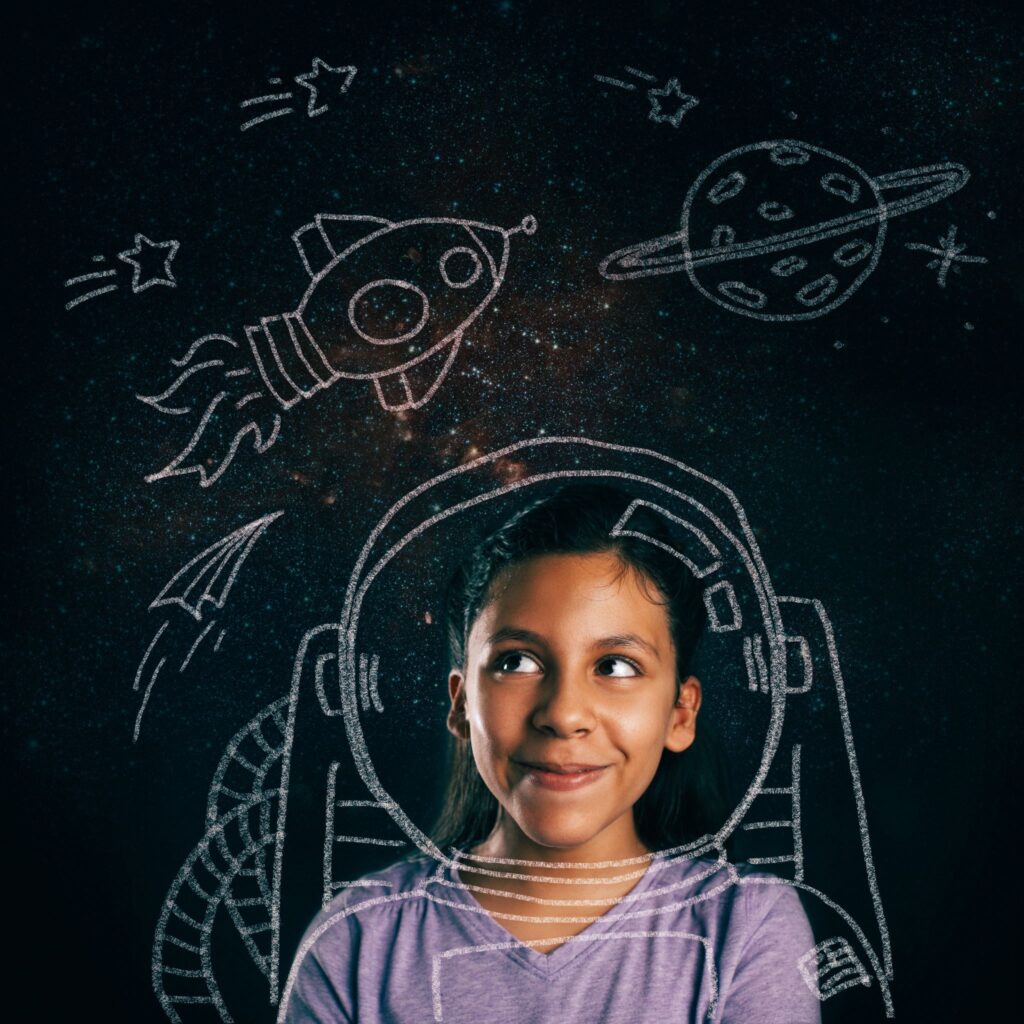 girl imagining she's an astronaut